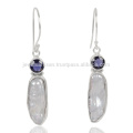 Natural Iolite e Biwa Pearl Gemstone 925 Streling Sliver Earring